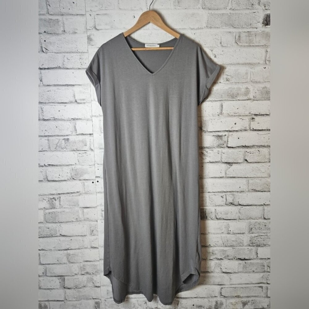 Misslook Gray Cotton Maxi Dress Womens Medium V Neck Casual Short Sleeve
